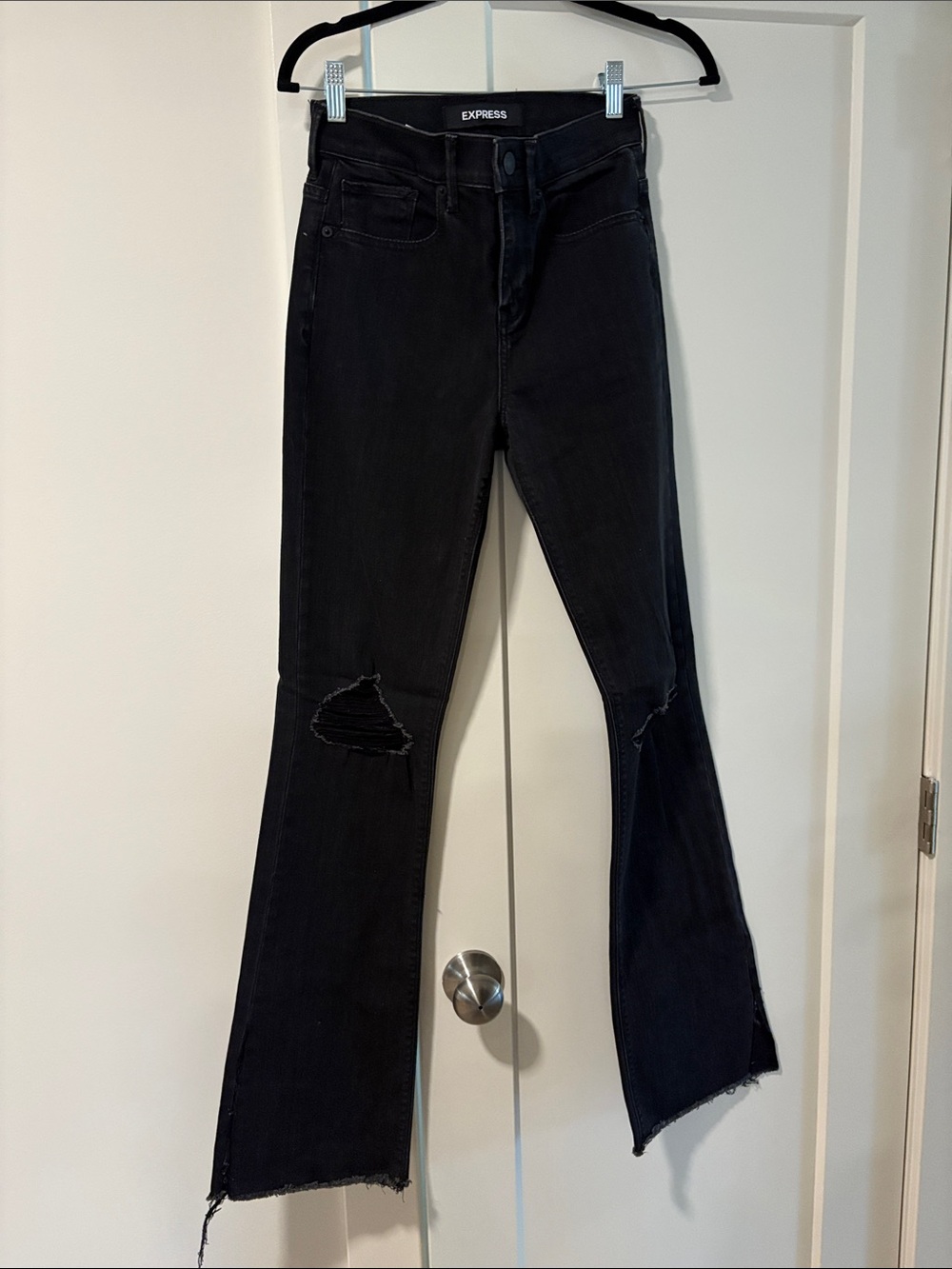 Express Black High-Rise Flared Jeans with Knee Rips